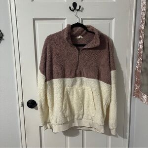 🩷 pink and white color block soft quarter zip pullover sweater